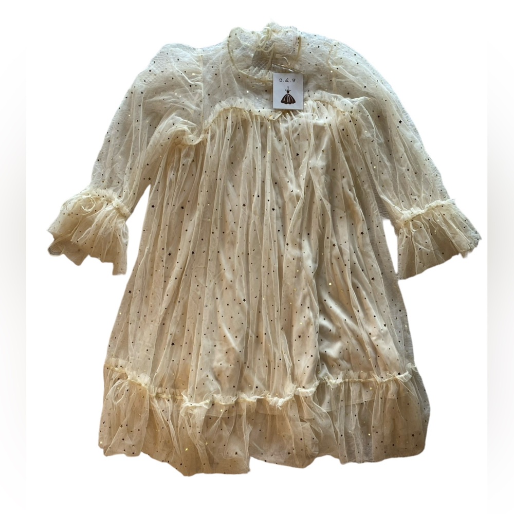 Stunning Whimsical Cream Gold Star Sheer Lined Long Sleeves Dress New Condition! - Picture 12 of 14
